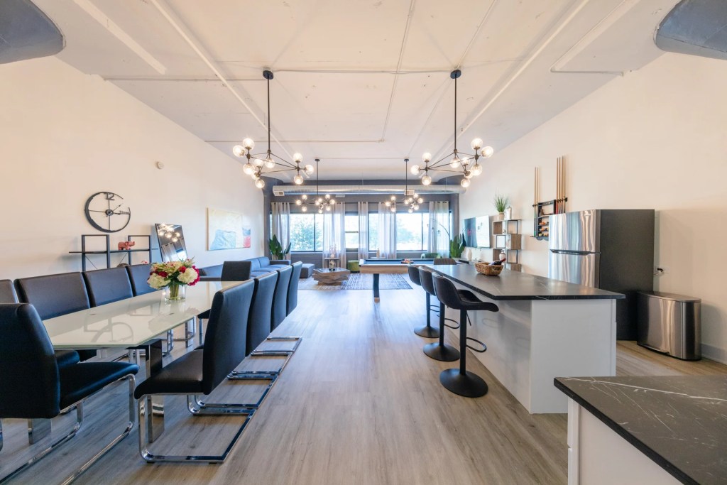 living room with big dining table