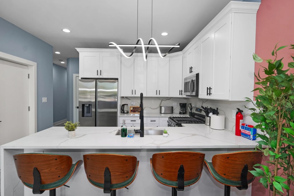 kitchen with wood bar stools